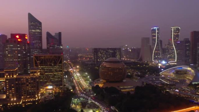 日落时间天空杭州市市区滨河交通湾空中全景4k中国