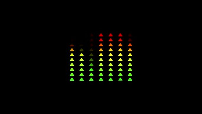 黑色背景上颜色从绿色变为红色的音频波的条形图三角形声音均衡器动画
