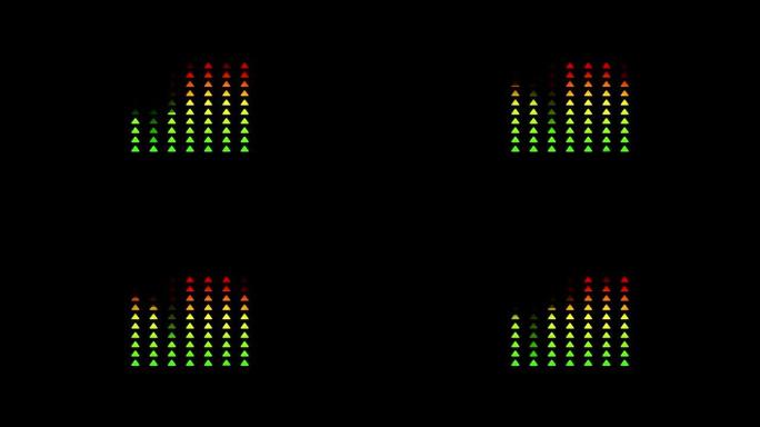 黑色背景上颜色从绿色变为红色的音频波的条形图三角形声音均衡器动画