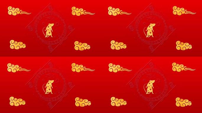红色中国新年背景与黄金，老鼠，烟花，3D渲染循环4k。神奇的新年快乐动画