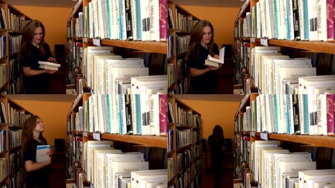 在图书馆工作的热情微笑的图书馆员妇女。找书。