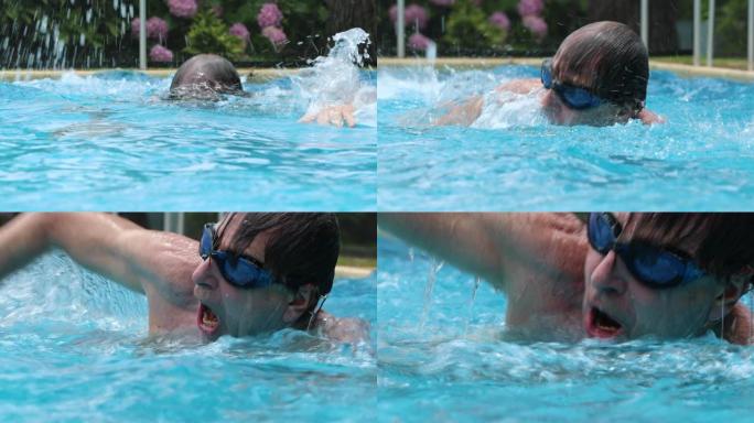 资深男子在游泳池慢动作游泳