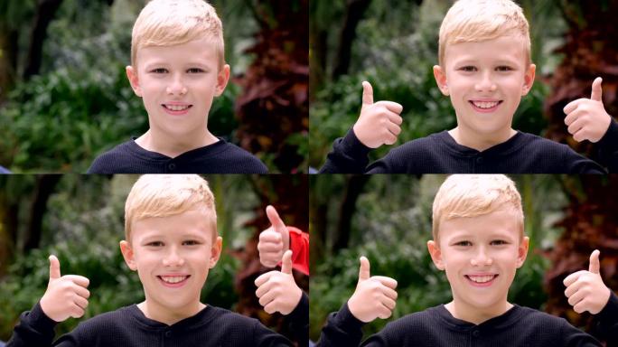 一个可爱的小男孩竖起两个大拇指，然后出现第三个拇指