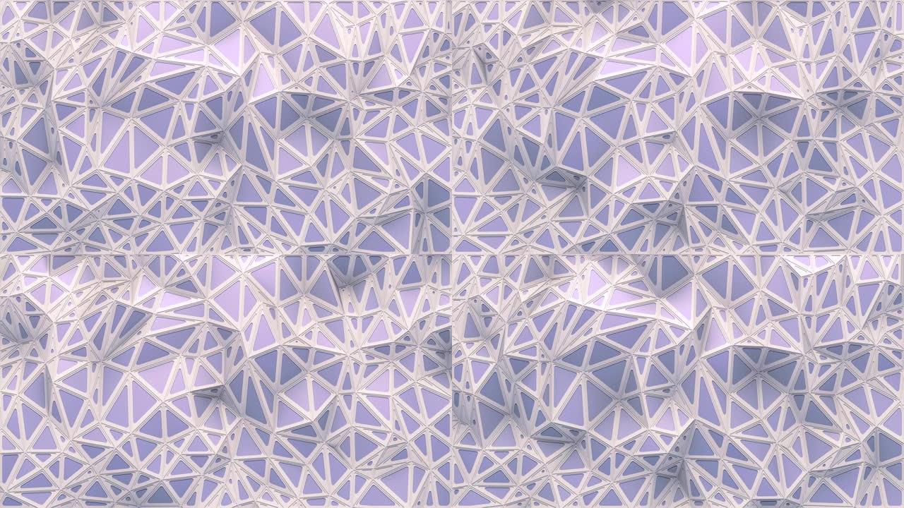 浅三角形结晶背景，白色薄边。平面设计元素。几何抽象背景。数字无缝循环动画。3d渲染。4K，超高清分辨
