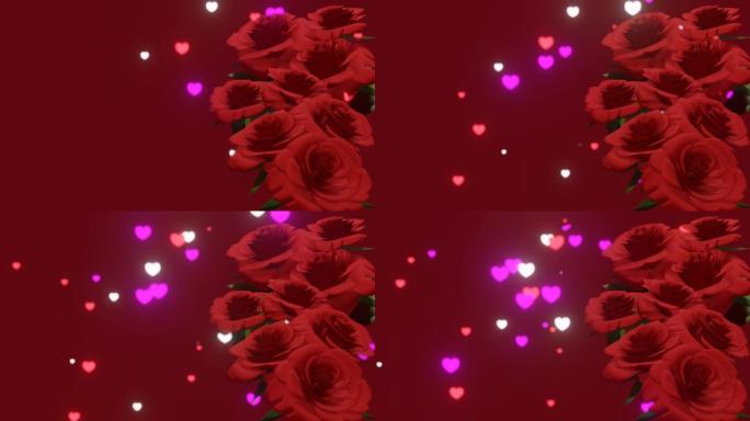 美丽明亮的心bokeh和光线在粉红色上的运动，情人节背景。3d渲染。