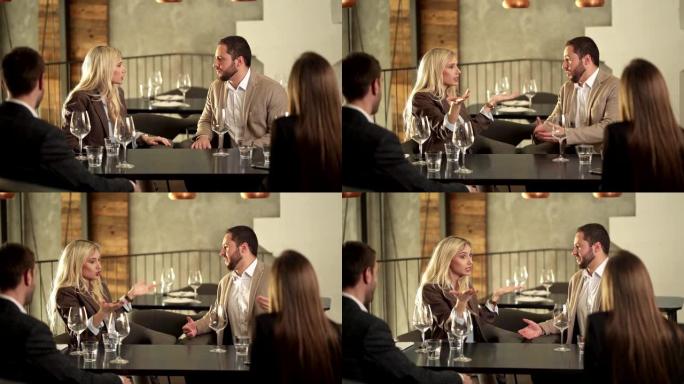 夫妇在餐厅争吵开会讨论酒，这两个人