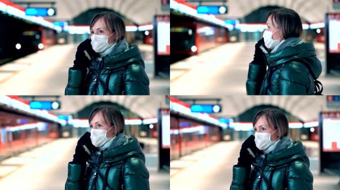 地铁站戴无菌医用口罩的年轻女子
