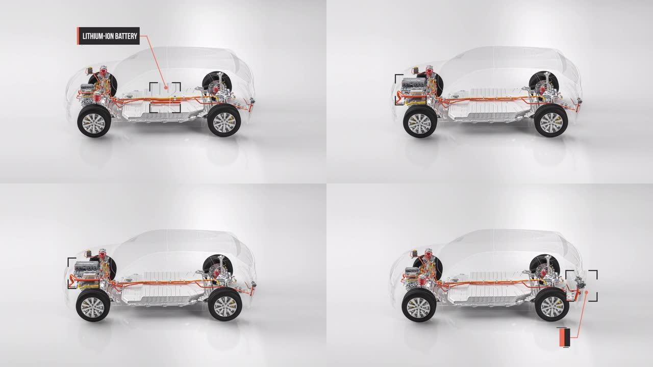 工作室环境中的电动汽车底盘x射线汽车电池线条艺术3d动画