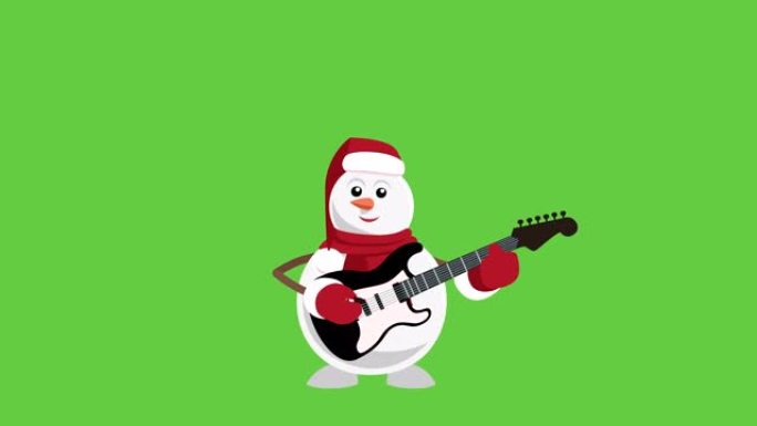 卡通小圣诞雪人平角色玩电吉他动画与哑光