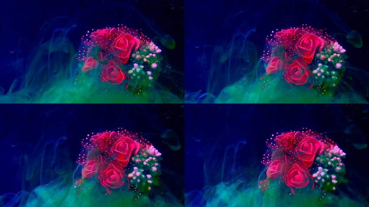 红玫瑰和白花的节日婚礼花束。蓝色背景上的水中绿色水彩墨水