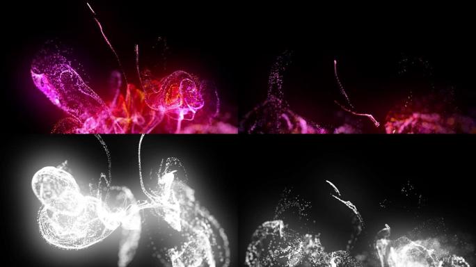 在4k的水中注入荧光红色紫色墨水。墨水流中辉光粒子的3d渲染。亮度哑光作为阿尔法通道。闪亮油墨效果平