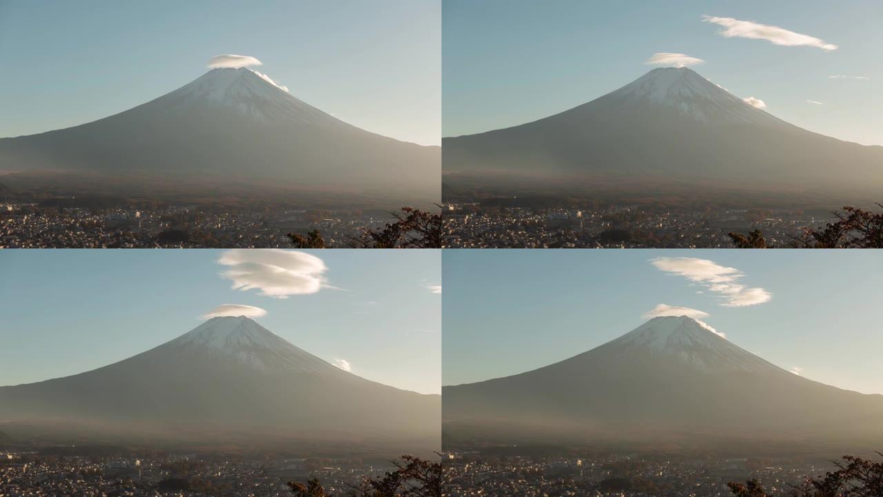 4K-从日本山梨市，日本最佳地标，风景，旅游和自然概念的Chureito宝塔拍摄的富士山美丽景色的延