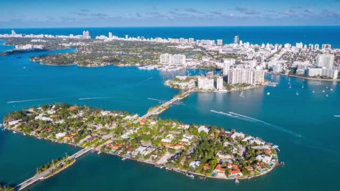 迈阿密，佛罗里达州，美国-1月2019: 空中无人机全景视图飞行在迈阿密。从上面看威尼斯群岛。