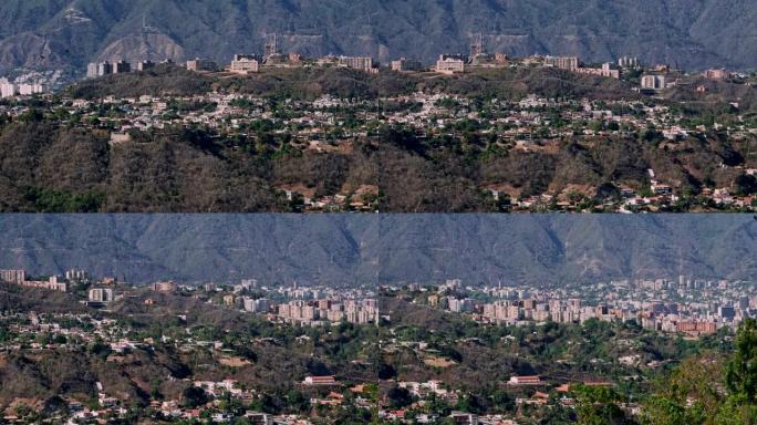 下午晚些时候在加拉加斯市谷地东部地区的平移视图，背景是El Avila