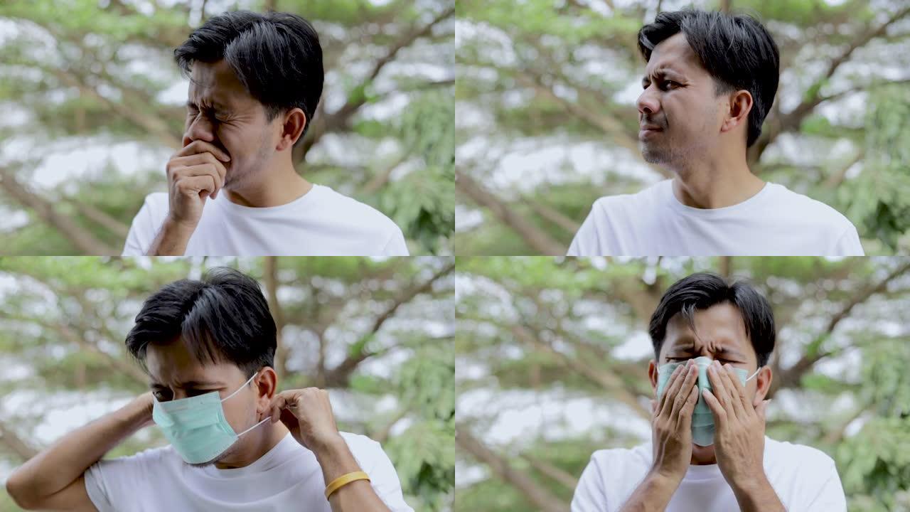 亚洲男子咳嗽并戴防护口罩，以防止细菌和空气污染，保健概念