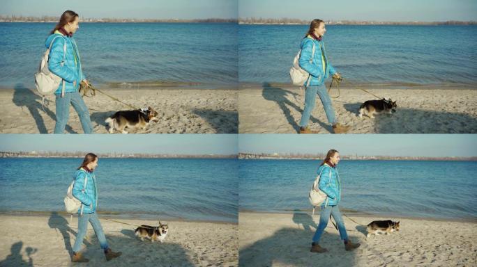 年轻女子和可爱的狗威尔士柯基犬一起沿着海边的沙滩散步