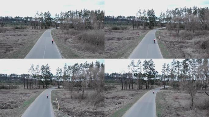 骑自行车的人在松树森林空旷的高速公路上快速密集地踩着公路自行车。运动员独自骑自行车艰苦训练的鸟瞰图。