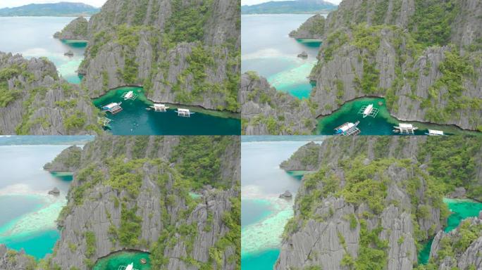 天堂岛双泻湖的空中无人机视图，带有尖锐的石灰岩岩石，热带旅行目的地-菲律宾巴拉望科伦。
