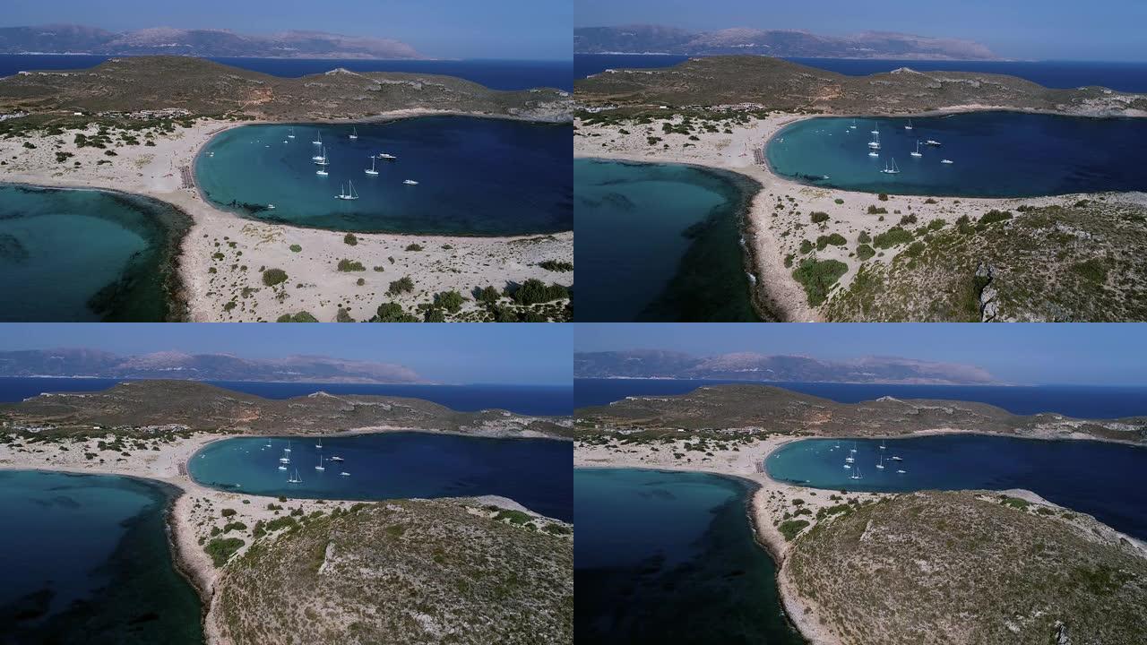 希腊Elafonisos岛Simos海滩的鸟瞰图。