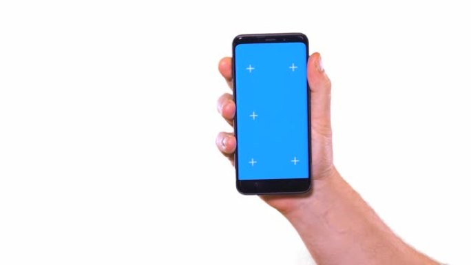 蓝屏手机白色背景拿出手机绿幕抠像滑动手机