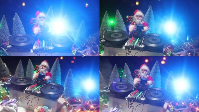 圣诞节和新年俱乐部概念。带耳机的Dj混音器在雪地上。圣诞老人正在转盘上混合。雪地上的创意微型艺术品装