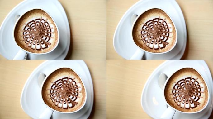 桌子上热咖啡的平移视图