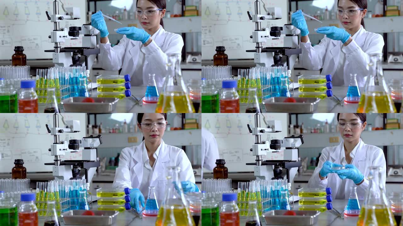 女研究科学家使用微量移液器填充试管在一个大型的现代实验室。在背景下，科学家正在工作。
