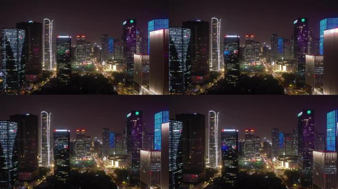 夜间照明杭州市市区交通建设场空中全景4k中国