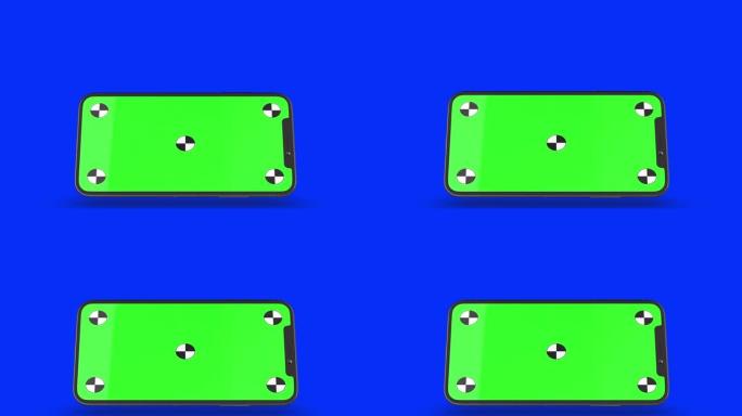 智能手机在蓝色背景上打开。易于定制的绿色屏幕。计算机生成的图像。
