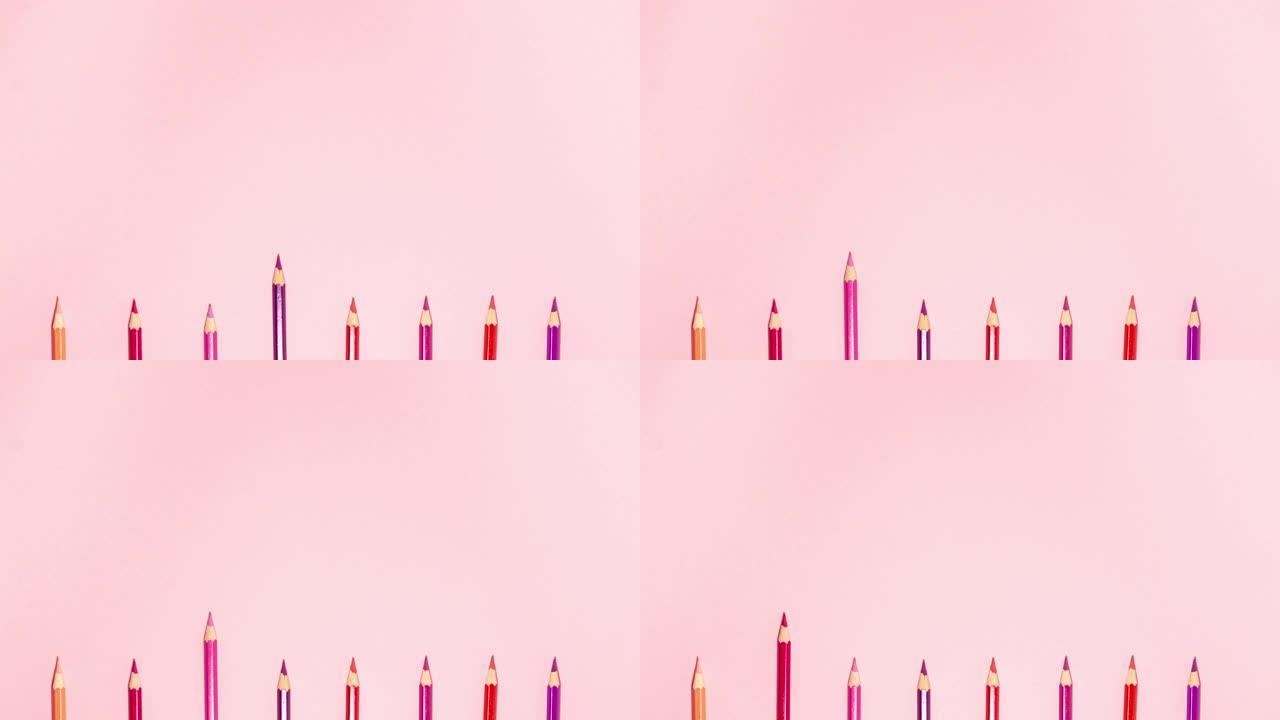 木制铅笔平放，复制空间在粉红色定格动画