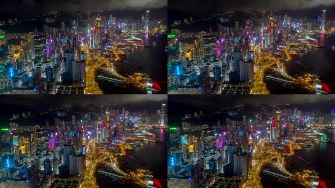 空中无人机夜间在香港维多利亚港上空超时空。