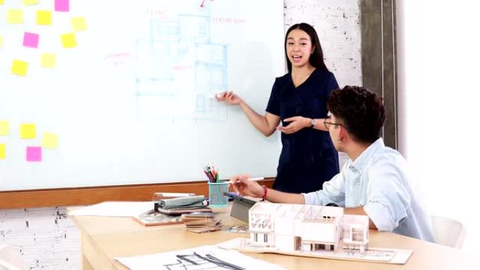 亚洲室内建筑师与建筑模型一起工作，选择材料并研究大众模型房屋设计思想概念。设计师小组头脑风暴在新房子