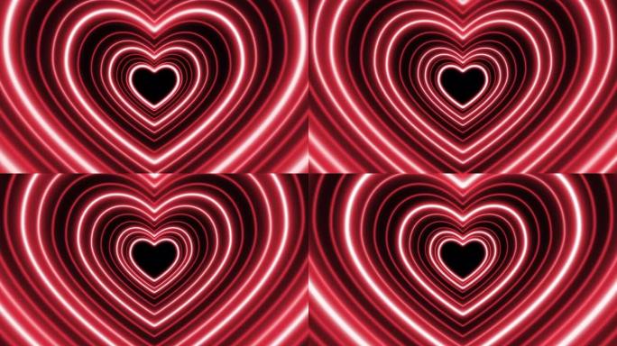 心霓虹灯。红色闪烁的爱情符号隧道。循环动画。