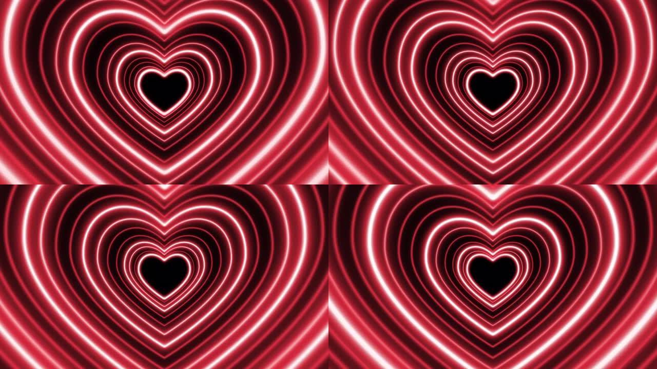 心霓虹灯。红色闪烁的爱情符号隧道。循环动画。