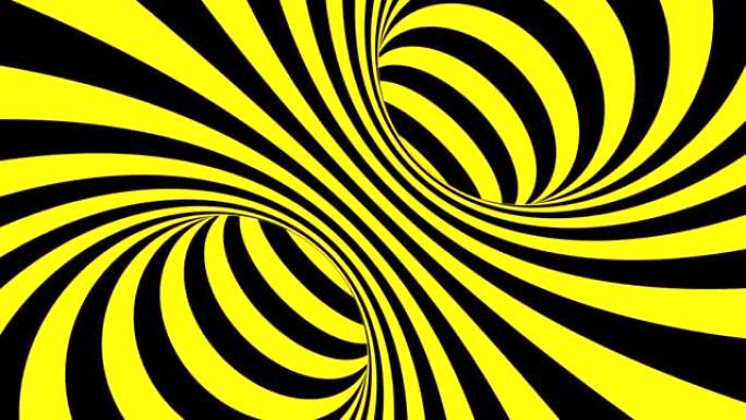 黑色和黄色迷幻的视错觉。抽象催眠动画背景。螺旋几何循环警告壁纸