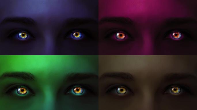 创意4k视频，一个神秘女人的脸特写，多色美丽的眼睛和不断变化的肤色。神秘的紧张表情。在黑暗的人类眼睛
