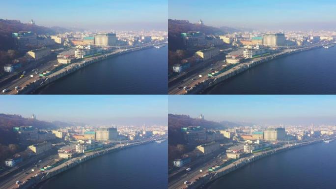 来自4k无人机的航拍视频。乌克兰基辅的地铁Poznyaki高速公路与汽车和卡车立交桥，交汇处，道路交