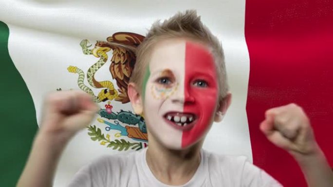 墨西哥国旗背景上的快乐粉丝。有着民族色彩的脸的快乐男孩。
