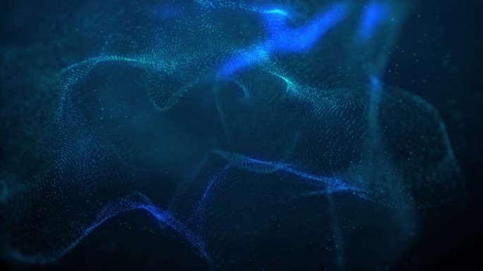 美丽的蓝色粒子流抽象背景流体波浪设计元素技术，科学，音乐