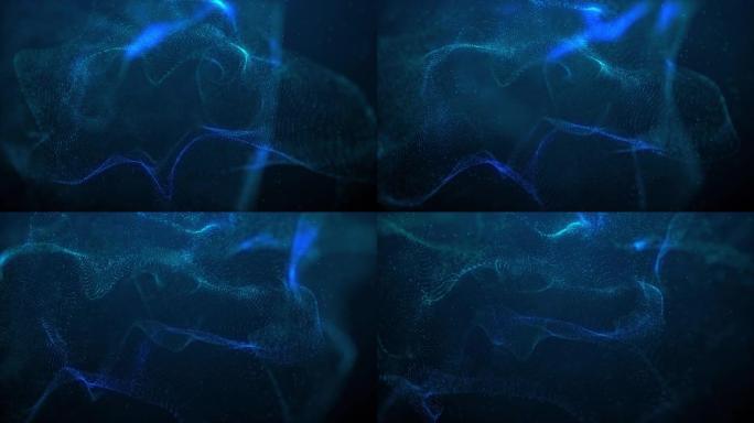 美丽的蓝色粒子流抽象背景流体波浪设计元素技术，科学，音乐