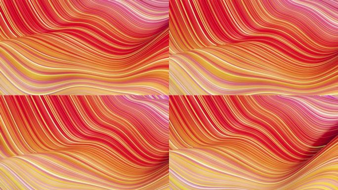 表面波浪的美丽抽象背景，红色黄色渐变，挤压线条作为条纹织物表面，在液体上有褶皱或波浪。4k环路。辉光