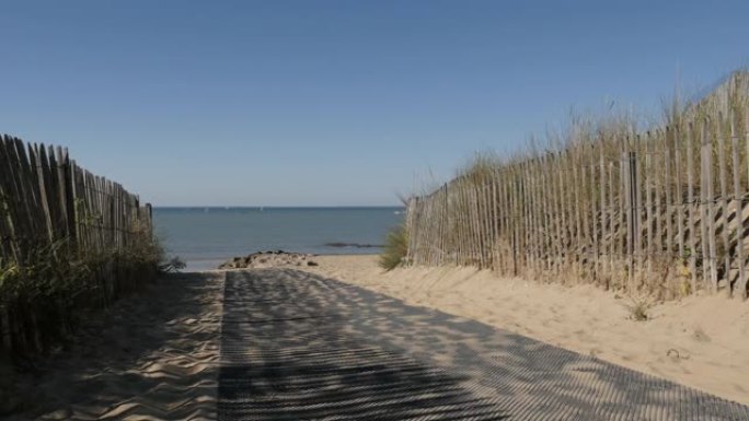 由木板制成的天然边界围栏和松树通往大海的路径4K