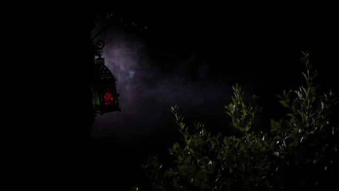 雾蒙蒙的夜晚，花园里美丽多彩的照明灯。户外夜间复古风格灯笼。选择性聚焦