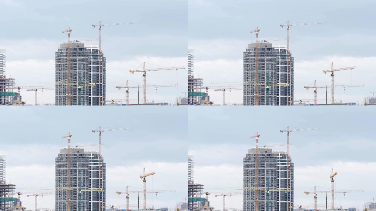 摩天大楼建筑工地，有许多起重机在工作-4k视频