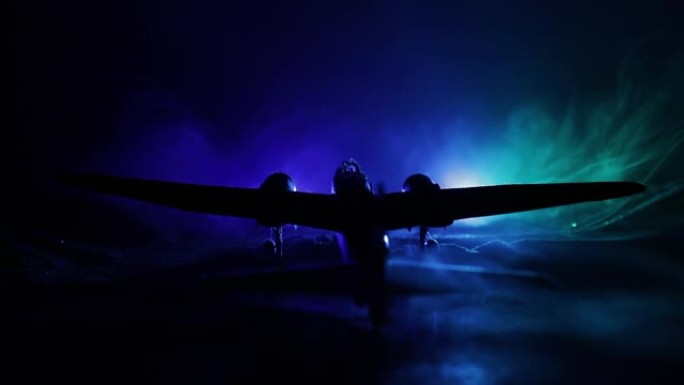 德国容克(Ju-88)夜间轰炸机。拥有喷气式飞机比例模型的艺术品装饰。用灯光调和朦胧的背景。战争的场