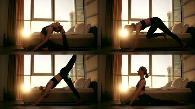 鸽子姿势。迷人的白人妇女在家练习瑜伽，坐在黄色垫子上的地板上，训练，伸展，弯曲脊柱在特殊的体式