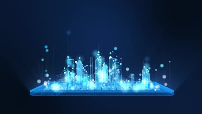 明亮的数字平板电脑和城市线框的动画在明亮的蓝色和白色的粒子，球形粒子线上升。数字技术和通信概念。