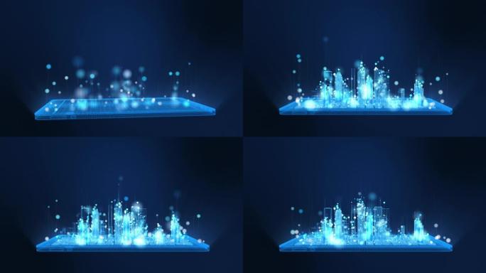 明亮的数字平板电脑和城市线框的动画在明亮的蓝色和白色的粒子，球形粒子线上升。数字技术和通信概念。
