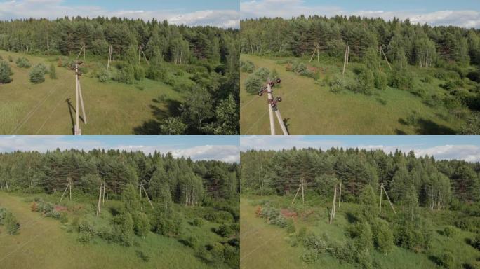 绿色农村地区森林空中射击的电力线和电线杆