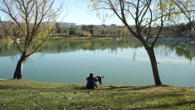 年轻人在阳光明媚的冬日遛狗，坐下来休息一下，欣赏城市公园美丽湖泊的景色。